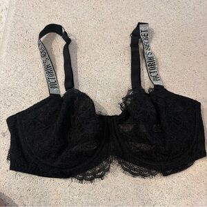 Victoria's Secret Black Lace Underwire Bra with Embellished Logo Straps